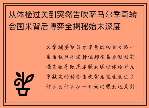 从体检过关到突然告吹萨马尔季奇转会国米背后博弈全揭秘始末深度